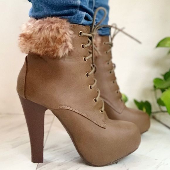 Taupe Round Toe Faux Fur Booties - Picture 2 of 4